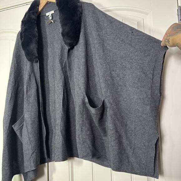 Joie Rabbit Fur Collar Cardigan Womens M Gray Oversized Wool Cashmere Soft Holes - Picture 2 of 10